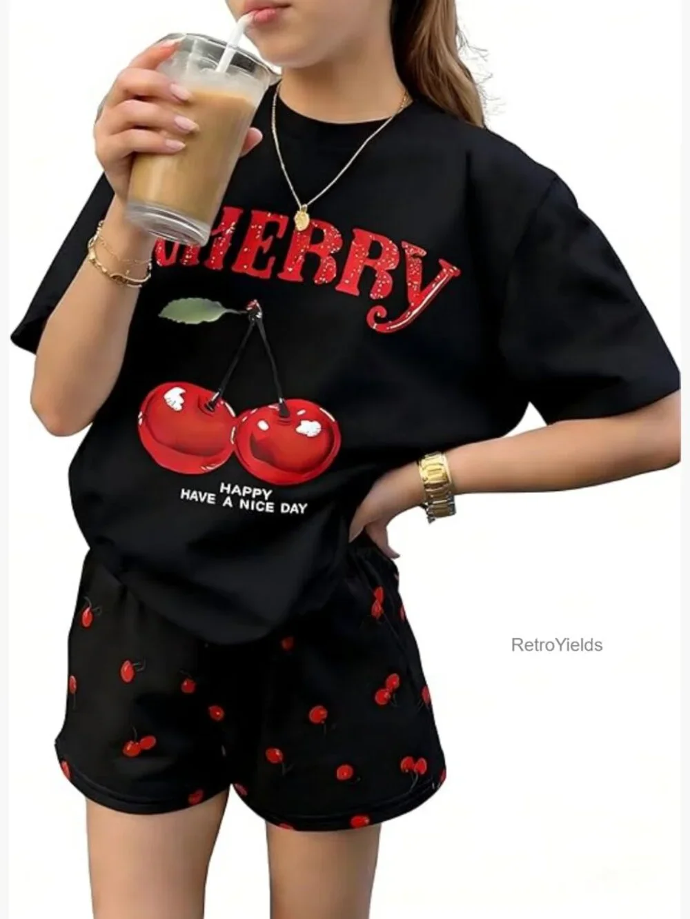 Girls Cherry Short Sleeve Shirt & Shorts 2-Piece Set with Pockets